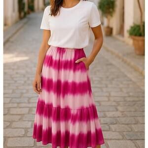 Charina Sarte Pink Hombre Tie Dye Bohemian Cottagecore Festival Maxi Skirt Sz L